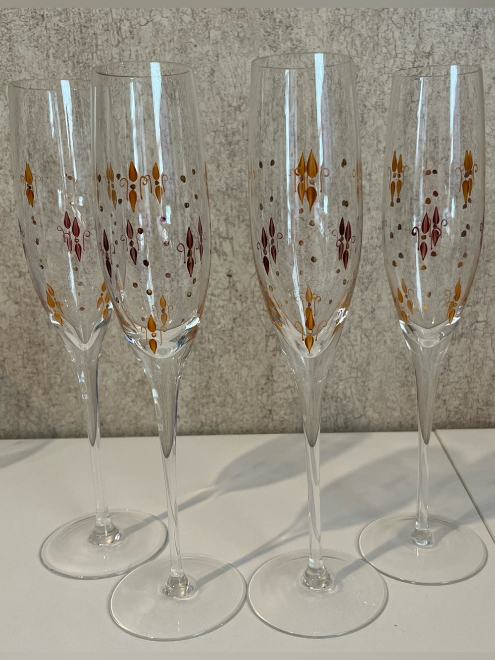 Set of 4 Decorative Champagne Flutes with Amber and Burgundy Motif